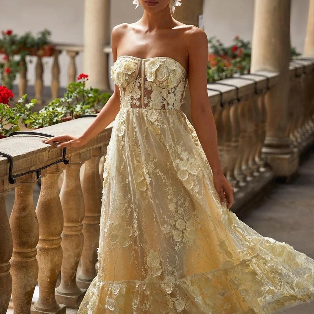 Alamour The Label Strapless Gold Floral Dress